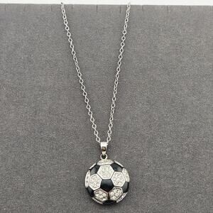 Silver Tone Soccer Ball Pendant Chain Necklace Crystal Sparkle Accent Sporty